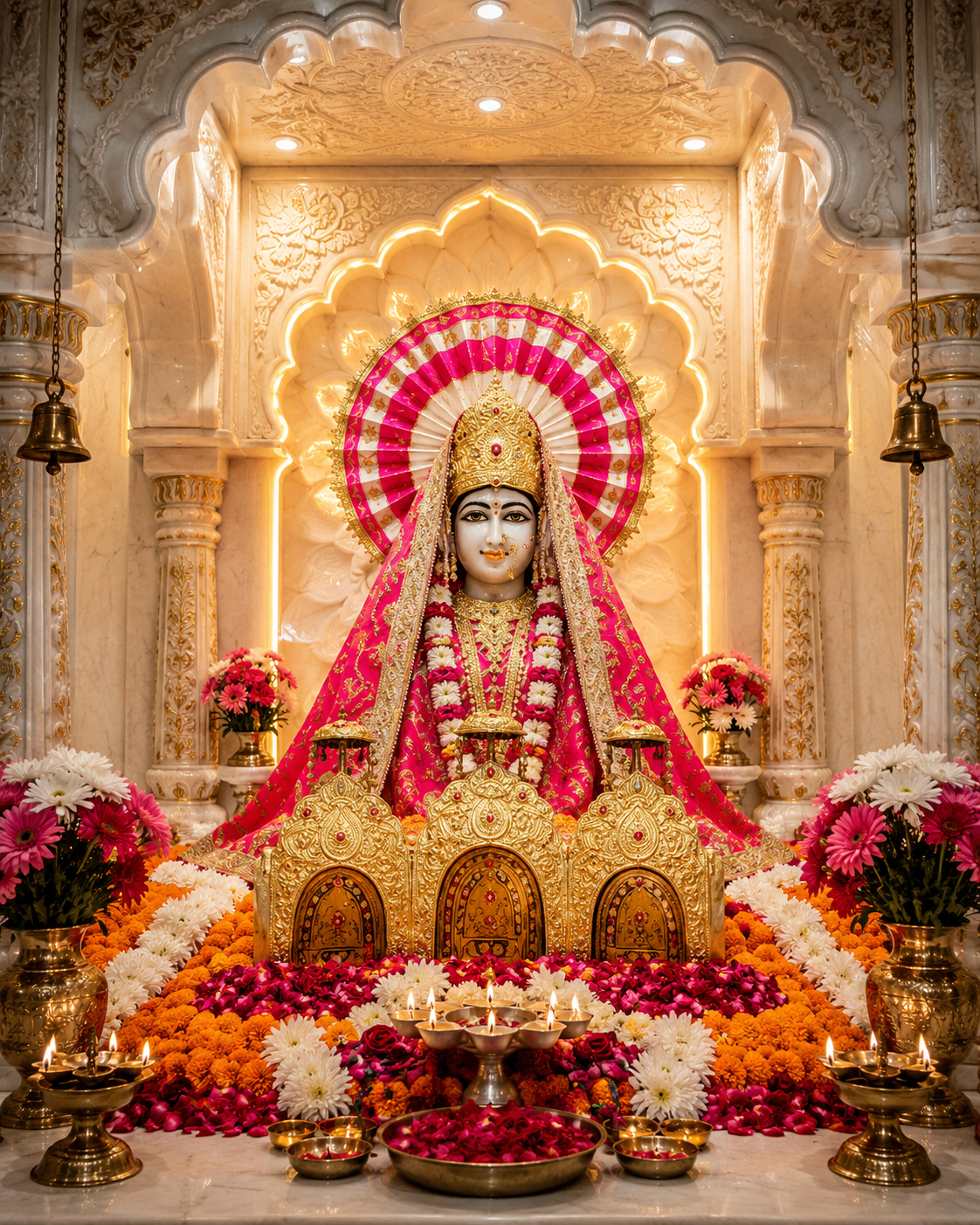 Devotional image of Mata Rani adorned in pink and gold with flowers and lamps