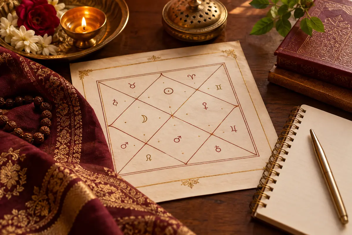 A traditional birth chart and notebook on a desk