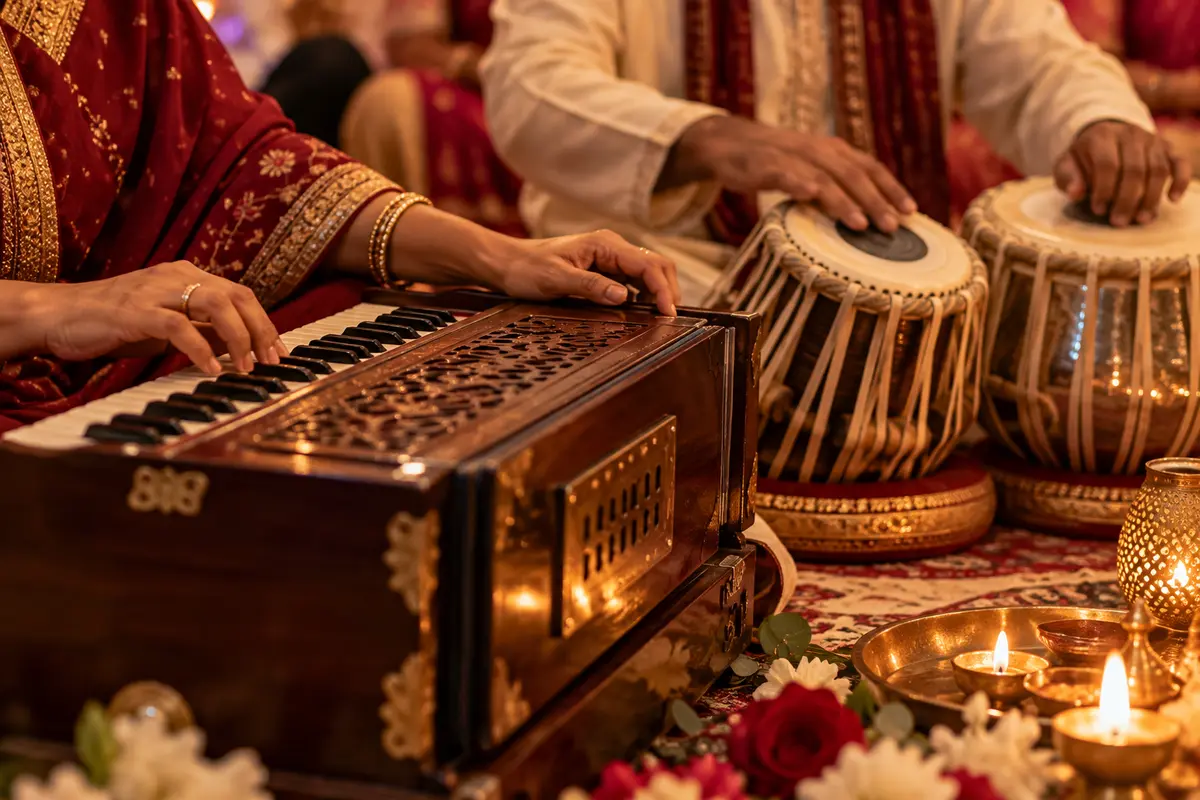 Harmonium and tabla being played at a devotional gathering