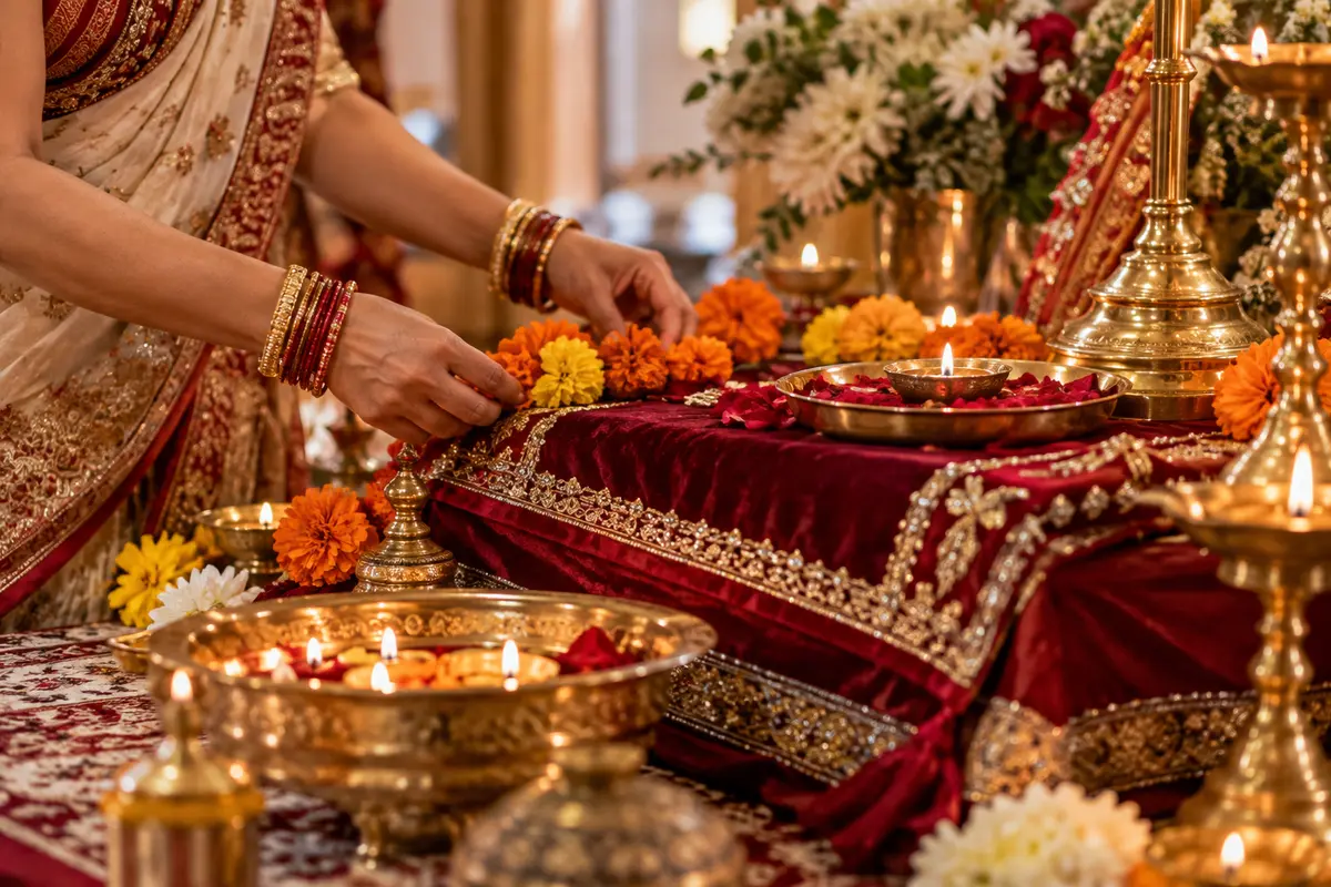 Flowers and lamps being arranged for a devotional gathering